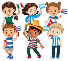 Viele Kinder, die Flagge aus verschiedenen Ländern halten vektor