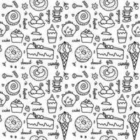 Vektor doodle Musterdesign mit Süßigkeiten. alles gute zum geburtstag hintergrund mit eis und cupcakes. schwarz-weißer Hintergrund.