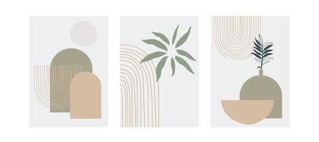 uppsättning av tre pastellaffischer med bladverk, regnbåge och abstrakta former, vektorillustration. minimalt nordiska löv och växter konsttryck. abstraktionsdesign för bakgrund, tapeter, kort, väggkonst vektor