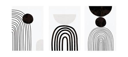 Satz von drei modernen Schwarz-Weiß-Postern mit Regenbögen und abstrakten geometrischen Formen, Vektorillustration. Minimaler nordischer Kunstdruck. Abstraktionsdesign für Hintergrund, Tapete, Karte, Wandkunst vektor