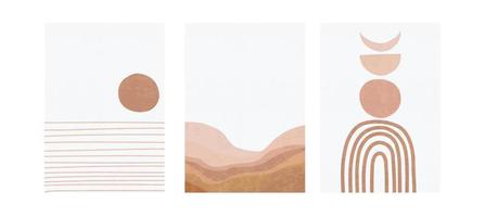 satz von drei pastellplakaten mit regenbogen und abstrakten formen, berglandschaft und seevektorillustration. Minimaler nordischer Kunstdruck. Abstraktionsdesign für Hintergrund, Tapete, Karte, Wandkunst vektor