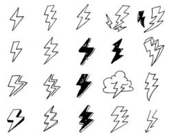 uppsättning handritade vektor doodle elektriska blixtsymbol skiss illustrationer. åska, vektorillustration