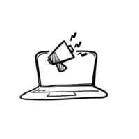 hand gezeichnetes doodle-laptop- und megaphonsymbol für digitalen marketingikonenvektor. isolierter bavkground vektor