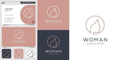kvinnas logotyp med linjekonst och visitkortsdesignmall, linje, kvinna, skönhet, ansikte, premiumvektor vektor