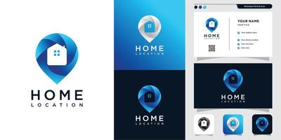 Home-Location-Logo und Visitenkarten-Design. Pin, Karte, Ort, Haus, Haus, Symbol, Gebäude Premium-Vektor vektor