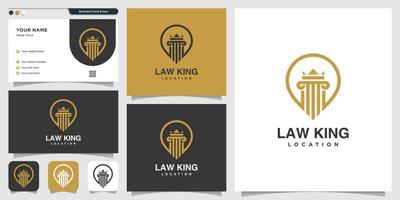 law king plats logotyp och visitkort designmall, advokat, rättvisa, pin logotyp, lag logotyp, premium vektor