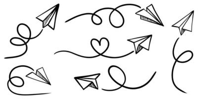 Satz von Doodle-Papierflieger-Symbol. handgezeichnetes Papierflugzeug. Vektor-Illustration. vektor