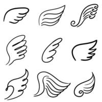 Reihe von abstrakten Flügeln in Strichzeichnungen Doodle-Stil isoliert auf weißem Hintergrund. Vektor-Illustration. vektor