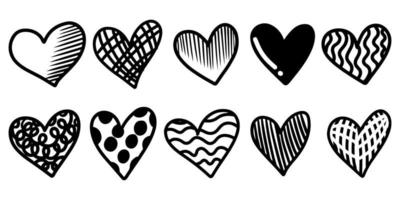 uppsättning doodle hjärtan isolerad på vit bakgrund. handritad av ikon kärlek. vektor illustration.