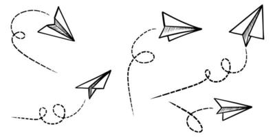 uppsättning doodle papper plan ikon. handritad pappersflygplan. vektor illustration.