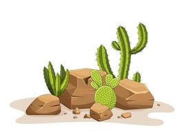 kaktus med taggar och stenar. mexikansk grön växt med taggar och stenar. del av öknen och södra landskapet. tecknad platt vektorillustration. isolerad på vit bakgrund. vektor