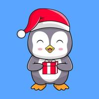 söt pingvin med tomtehatt med hållande present jul vektor kawaii illustration