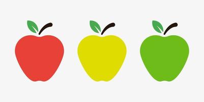 einfache vektorabbildung des apfels mit einem blatt auf weißem hintergrund, drei bunte äpfel lokalisierten hintergrund. rote, gelbe und grüne Apfelsymbole vektor