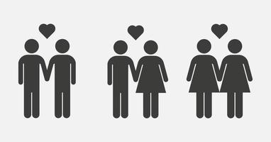 Vektorsymbol für verschiedene Paare auf weißem Hintergrund. Zeichen für schwule, heterosexuelle und lesbische Paare vektor