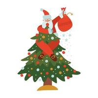 weihnachtsgrußkartenkonzept. der weihnachtsmann trägt eine rote tasche und klettert mit dekorationen auf den weihnachtsbaum. flache vektorillustration. vektor