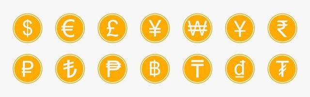 goldene Münzen mit verschiedenen Währungssymbolen. Sammlungssatz für Währungen isoliert auf weißem Hintergrund. Vektor-Illustration vektor