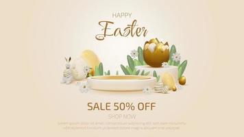 glad påsk med produktutställningspallen och realistiska kanin- och gyllene äggelement. vektor