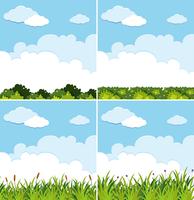 Fyra bakgrundsscenarier med blå himmel och grönt gräs vektor