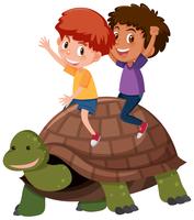 Kinder, die eine Schildkröte reiten vektor
