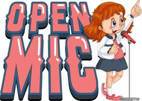 Open-Mic-Logo-Design mit Sängerin-Cartoon-Figur vektor