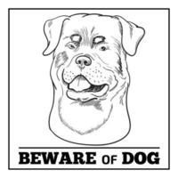 Rottweiler Hund und Vorsicht Zeichen isoliert auf weißem Hintergrund.