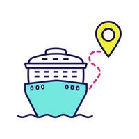 Symbol für die Farbe der Kreuzfahrtroute. Reiseziele. Kreuzfahrtschiff mit Kartenpunkt. Reise, Reiseroutenplaner. Reiseverlauf. isolierte Vektorillustration vektor