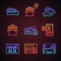 Kreuzfahrt-Neonlicht-Symbole gesetzt. Sommerreise. Kreuzfahrtservice, Schiffe, Reiseroute, Schlafzimmer, Laufbänder, Spa-Salon, günstiges Angebot. leuchtende Zeichen. Vektor isolierte Illustrationen