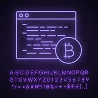 Symbol für Neonlicht der Bitcoin-Mining-Software. Blockchain-Codierung. Krypto-Mining-Programmierung. Blockchain-Entwicklung. leuchtendes zeichen mit alphabet, zahlen und symbolen. vektor isolierte illustration