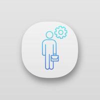Manager-App-Symbol. ui ux-benutzeroberfläche. Geschäftsmann. Person mit Aktenkoffer und Zahnrad. Web- oder mobile Anwendung. vektor isolierte illustration