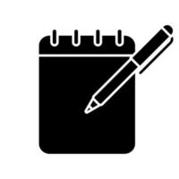 anteckningsblock med penna glyfikon. skriva anteckningar. att göra lista. planerare. handlingsplanering. affärsplaner, mål, uppgifter att skriva ner. siluett symbol. negativt utrymme. vektor isolerade illustration
