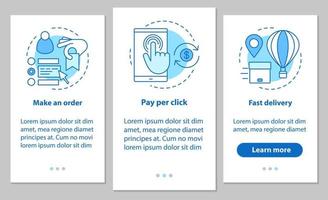 online shopping onboarding mobil app sidskärm med linjära koncept. digitala köp. lägga en beställning, betalning per klick, snabb leverans. steg grafiska instruktioner. ux, ui, gui vektorillustrationer vektor