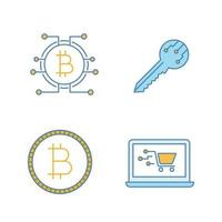 bitcoin cryptocurrency färgikoner set. digital nyckel, bitcoin med mikrochipsväg, mynt, online shopping. isolerade vektorillustrationer vektor
