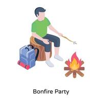 Junge sitzt vor Feuer, isometrische Ikone der Lagerfeuerparty vektor