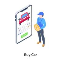 Person mit Auto-App und Geld, konzeptionelle Ikone des Autokaufs vektor