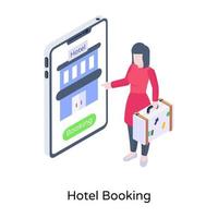 online-unterkunft, isometrische illustration der hotelbuchung vektor