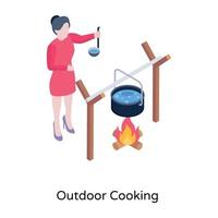 flicka som gör mat, isometrisk ikon för matlagning utomhus vektor