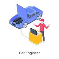 Person, die mit Automobilen arbeitet, isometrische Ikone des Automobilingenieurs vektor