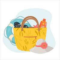 weibliche tasche mit strandzubehör sonnencreme, sonnenbrille, hut, rettungsring. satz sommergestaltungselemente. kann für urlaubsplakat, strandpartyeinladung, hintergrund, hintergrund, verkaufsförderung verwendet werden vektor