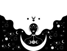 prästinna med lonh hår, mall. halvmåne, helig wicca svart kvinna gudinna ikon. triple moon religiösa wicca tecken. neopaganism symboler på vit himmelsk bakgrund vektor