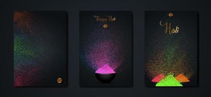 happy holi indisk festivalbanner, färgglad gulaal, puderfärg, festuppsättning lyxigt svart kort med explosionsmönstrad och kristaller flerfärgad bakgrund, vektorillustration levande färgmall vektor
