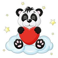 süßer panda sitzt auf einer wolke und hält ein herz in seinen händen vektor