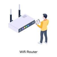 Internetkommunikationsenhet, isometrisk ikon för wifi-router vektor