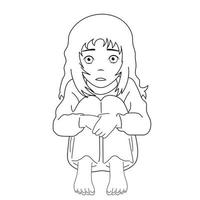 svartvit bild. rädd, deprimerad, ledsen tjej ser ensam ut. vektorillustration av ett hjälplöst, räddt barn. ångest och rädsla vektor