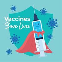 impfstoffe retten leben poster spritzenheld mit kappenvektor vektor