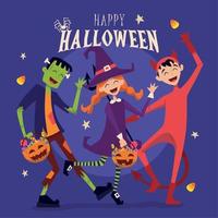 färgad halloween affisch grupp barn med kostymer vektor