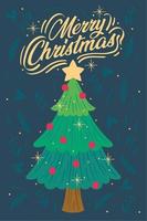 julgran med bollar och stjärna merry christmas gratulationskort vektor