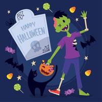 glad halloween affisch barn med zombie kostym vektor