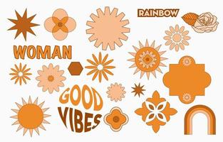 Sammlung von Hippie-Design mit orangefarbener Blume, Sonne, Regenbogen vektor
