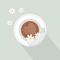 illustration, eine tasse kaffeeschaum in form eines herzens und verstreute süße gänseblümchen, auf einem sanften hintergrund. Pastellfarben vektor