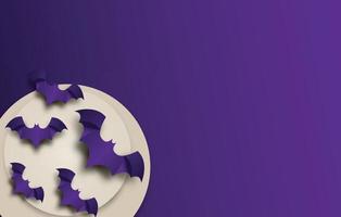 3d violett papper bakgrund med violetta fladdermöss på den vita månen. vektor halloween gratulationskort bakgrund. eps 10